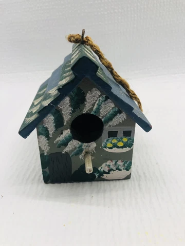 Wooden Bird House Painted Yellow Blue Green Flowers Cover