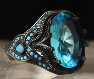 925 Sterling Silver Men's Ring Turkish Handmade Natural Stone Blue Zircon Stone - Picture 1 of 3