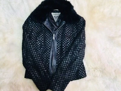 Chaqueta de cuero negra tejida Marvin Richards para mujer talla grande cuello de piel de conejo Foto 1 de 4