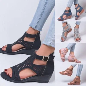 ⭐Womens Ladies Sandals Summer Girls Low Heel Wedge Strappy Gladiator Beach Shoes - Picture 1 of 19