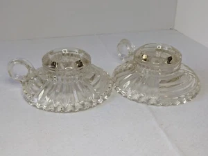 2PC Jeanette Clear Glass Vintage Art Deco Finger Hold Candle Holder Set - Picture 1 of 8