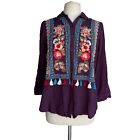Andree By Unit Top Women?S Size M Plum Embroidered Roll-Tab Sleeve Tassel Shirt