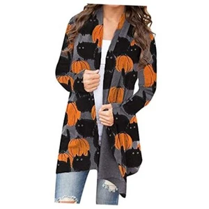 Women's Halloween Pumpkin Cat Print Knitting Cardigan Long Large Deep Gray - Picture 1 of 5