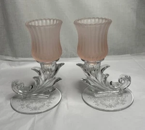 Pair of Fostoria Navarre Etched Baroque Candle Stick Holders Single Light - Picture 1 of 4