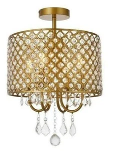 Chandelier Flush Mount Crystal Ceiling Light Brass Bathroom Bedroom Fixture - Picture 1 of 9