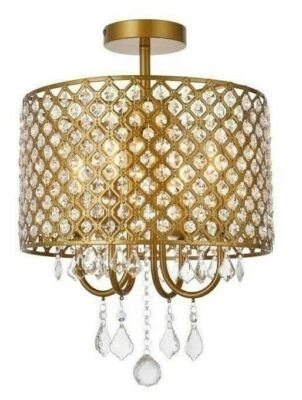 Chandelier Flush Mount Crystal Ceiling Light Brass Bathroom Bedroom Fixture - Image 1 of 4