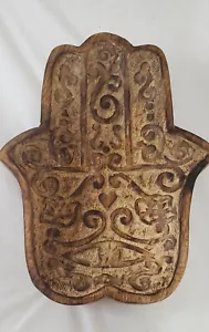 CARVED WOOD BOWL HAND OF FATIMA HAMSA TRAY WALL HANGING TRINKET HOLDER - Picture 1 of 11