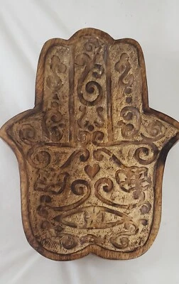 CARVED WOOD BOWL HAND OF FATIMA HAMSA TRAY WALL HANGING TRINKET HOLDER - Image 1 of 4