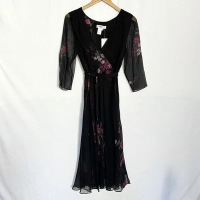 Dark Floral Silk Fairy Grunge Midi Dress Womens 10 Faux Wrap Beaded Whimsigoth - Image 1 of 4