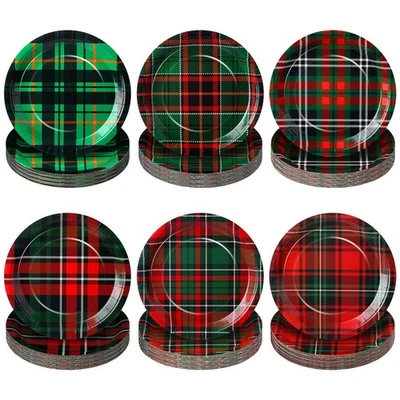 90 Pcs Christmas Plaid Plates 9 Inch Red and Green Black Xmas Paper Plates fo... - Image 1 of 4