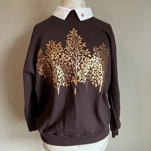 90s Metallic Gold Trees Leaves Sweatshirt Faux Collar Granny Cottage Holiday - Bild 1 von 9