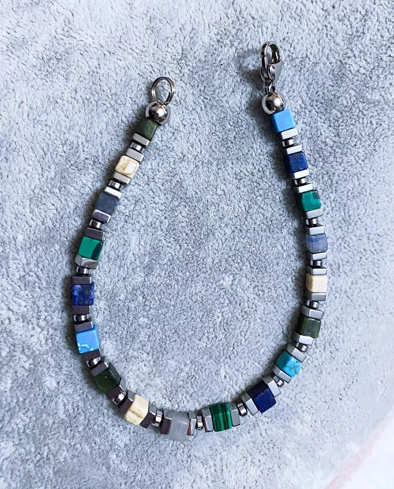 Bracciale Uomo Donna in Pietra Naturale Occhio di Tigre Lapislazzuli cubi 4mm - Immagine 1 di 1