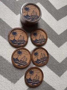 Vintage Hawaii Wooden Coasters Set of 10 Round Cork Coasters Blue Brown Boat - Picture 1 of 6