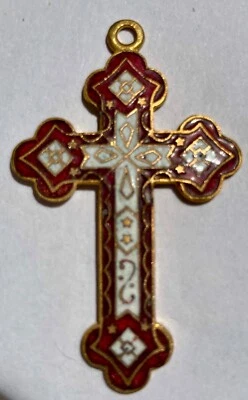 pendentif religieux ancien , croix en métal  dorée et émaillée - N°2 - Photo 1/4