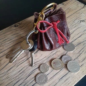 Brown real leather coin drawstring pouch keyring - Picture 1 of 4