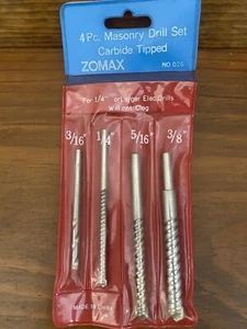 4 PC. Masonry Drill Set Carbide Tipped Zomax # 026 For 1/4" or Larger Elec Drils - Picture 1 of 5
