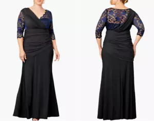 KIYONNA Black Violet Soirée Jersey Stretch Sheer Lace 3/4 Sleeve Gown 2X 18W 20W - Picture 1 of 3