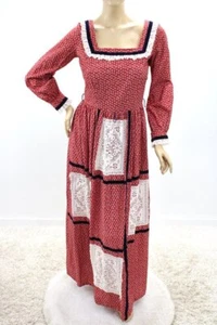 Vintage Prairie Maxi Dress Patchwork Lace Red Calico GrannyCore Americana 8/9 - Picture 1 of 10