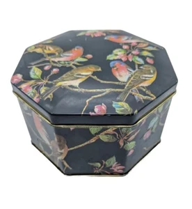 Vintage Tin Octagon with Hinged Lid Black Floral Songbirds Birds 4.75" England - Picture 1 of 9