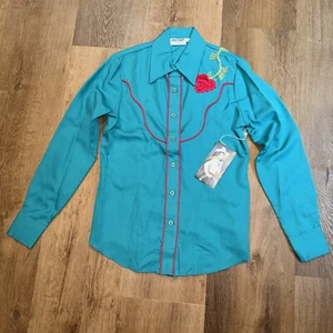 Vtg 70s Rockabilly Shirt Urban Cowgirl Rose Yoke Western Floral NEW Womens 9 10 - Picture 1 of 12