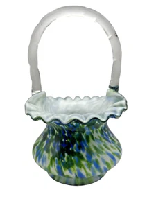 Vintage 60er Jahre Fenton Art Glas Murrhina blau grün Aventurin Kunst Glaskorb - Bild 1 von 8