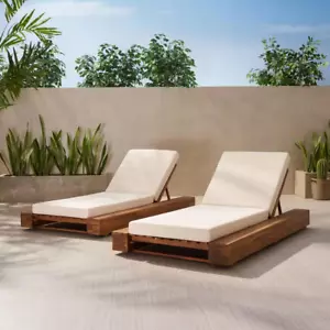 Outdoor Acacia Wood Chaise Lounge Chairs with Cushions Set Of 2 Teak Cream Patio - Picture 1 of 13