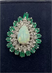 14k white Gold Natural Opal diamond and emerald pendant 10.26 gms - Picture 1 of 1