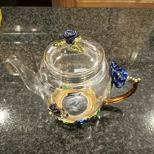 Teffania Teapot Handcrafted Crystal Glass W Blue Roses And Rhinestons 12 OZ - Picture 1 of 7