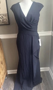 NEW Betsy & Adam V-Neck Cascade Ruffle Evening Dress Gown Dress Sz 4 Navy - Picture 1 of 6
