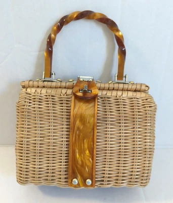 Raro Bolso de Mano De Colección 1950/60 Tejido Mimbre Hong Kong Ámbar Lucite Coleccionable Clásico Foto 1 de 4