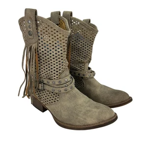 Coconuts by Matisse Boots Womens Size 7.5 Tan Western Studded Fringe Perforated - Picture 1 of 14