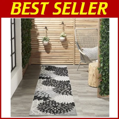 Tropical Black White Indoor Outdoor Rug 2x10 - Image 1 of 4