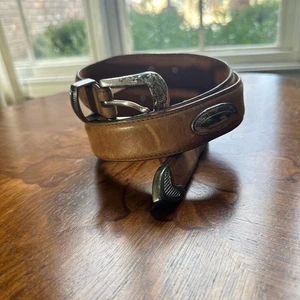 Vintage Brown Leather Western Belt w/ Silver Buckle & Conchos Size 38 - Picture 1 of 14