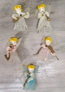 Vintage Tule Angel Ornaments Chenille Pipe Cleaner Japan Lot Of 5 Pink Blue Whit - Picture 1 of 15