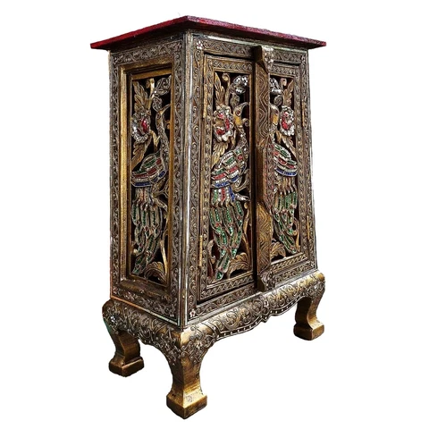 New Thai Vintage Wooden Cabinet Peacock Handmade Make Old Gold Color 64 cm. DHL Cover