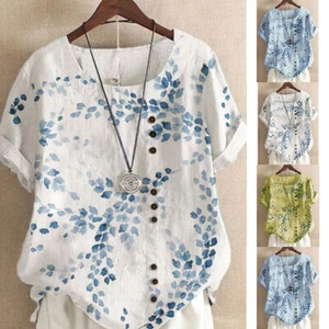 HOT Womens Summer Linen Ladies Tops Plus Loose Blouse Floral T-Shirts Cotton - Picture 1 of 9