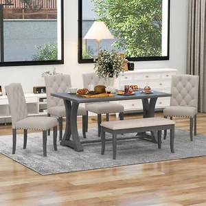 Farmhouse For Dining Table Set with 4 Chairs and Bench in Antique Gray Finish - Picture 1 of 12