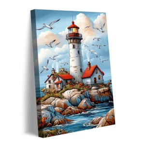 Lighthouse Seascape Wall Art Canvas Prints Decor Framed Home Decor Painting - Picture 1 of 8