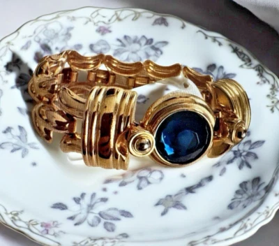 Brazalete De Colección Kenneth J Lane Tono Dorado Azul Cobalto Estrás Pantera Eslabón Foto 1 de 4