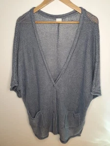 POETRY 100% Linen Grey Short Sleeve Mesh Oversized Cardigan Pockets Size UK 10 - Picture 1 of 19