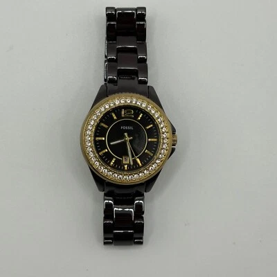 Fossil Riley Womens Ceramic Watch CE1055 Gold Tone Brown Date 6.25" Running - Image 1 of 4