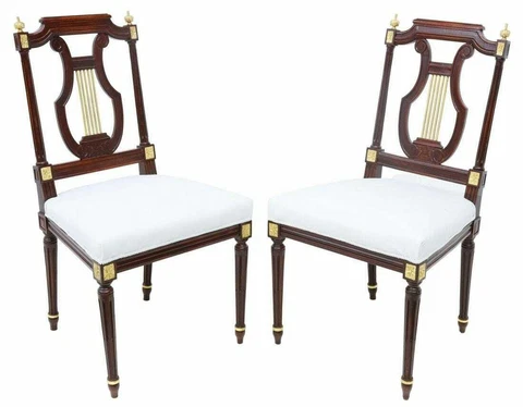 Chairs, Side French Louis XVI Style Lyre-Back, Two, White Upholstered Seat! Cover