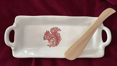 Creative Co-op White Ceramic Tray With Squirrel And Wooden Spreader, EUC - Image 1 of 4