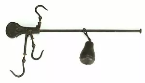 = Antique 1800's Cast Iron Hanging Balance Beam Scale 3 Hooks Orig. Counterweigh - Picture 1 of 11