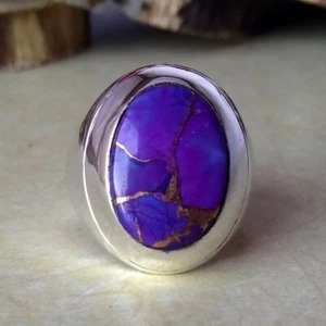 Solid 925 Sterling Silver Natural Purple Turquoise Gemstone Christmas Men's Ring - Picture 1 of 12