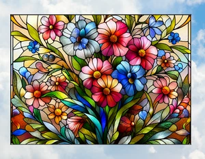 Faux Stained-Glass Flowers WINDOW CLING Size 10.6" Vinyl Rectangle - Picture 1 of 2