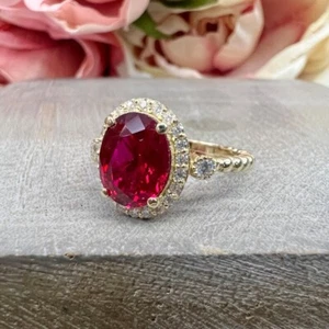 Anillo de boda para mujer 3,50 quilates diamante cultivado en laboratorio corte ovalado rubí rojo oro amarillo de 14 k - Imagen 1 de 13