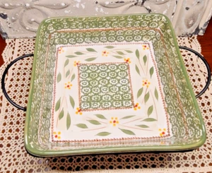 Temptations by Tara Old World Green 9.5" Dish Ovenware w/ Metal Holder 2.5 Qt - Picture 1 of 9