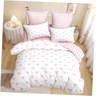 Bow Duvet Cover Size Pink Striped Heart Bedding Set Cute Love Queen Pink Bow - Image 1 of 4