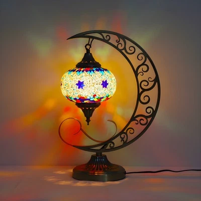Beautiful Turkish Mosaic Stained Glass Crescent Moon Bedside Table Lamp - Image 1 of 2